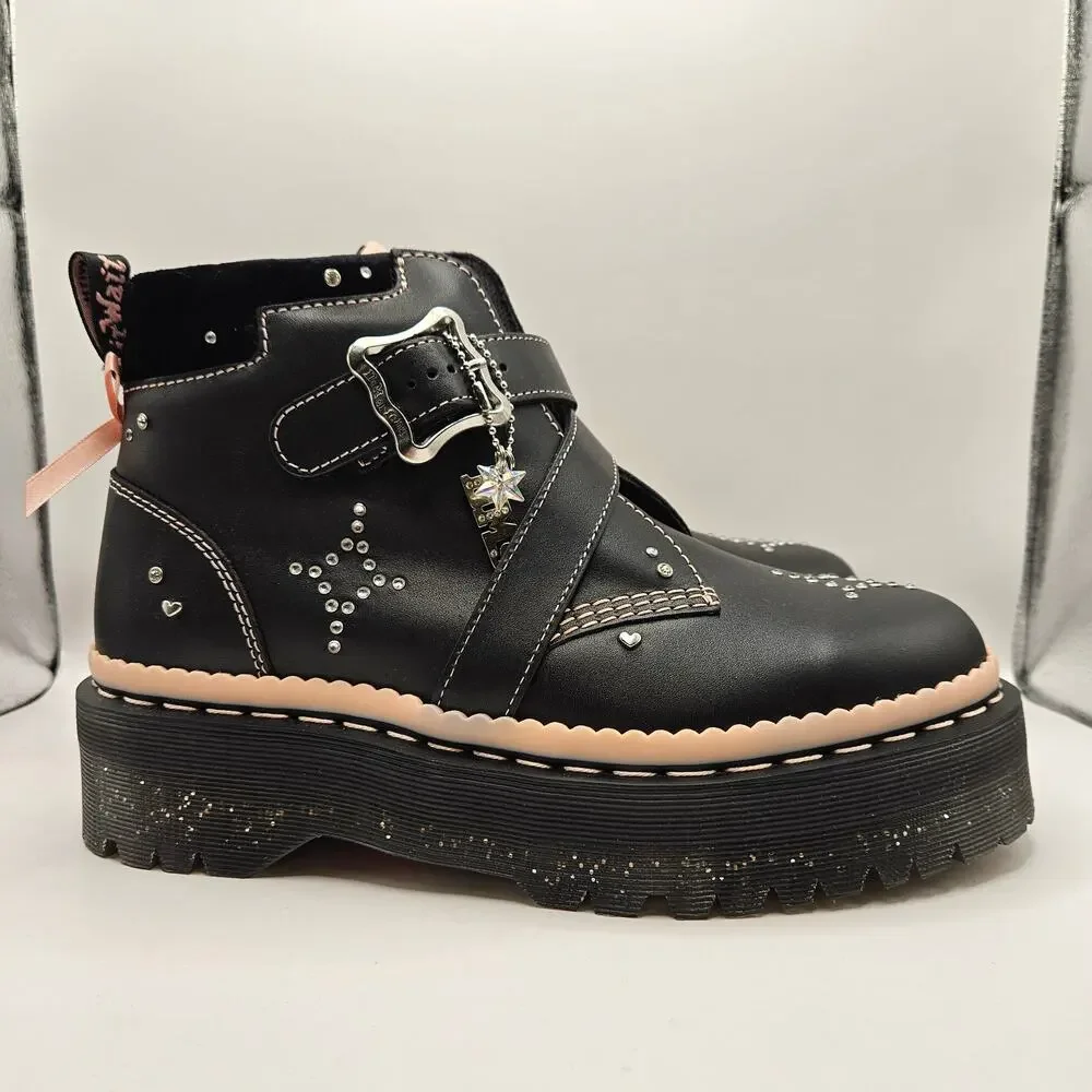 DR MARTENS WOMEN'S 11 CAITIE LEATHER BUCKLE PLATFORM LIMITED EDITION BOOTS BLACK
